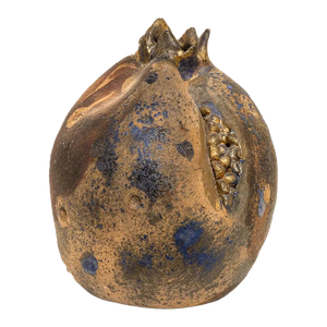 Modern Pomegranate Raku Ceramic Sculpture with Blue and Gold Glaze Signed