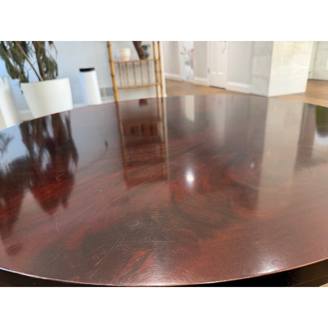 Attributed to Hickory Chair Company Flame Mahogany Round Coffee Table With Brass Sabots For Sale - Image 6 of 12