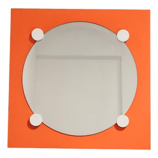 Vintage Space Age Geometric Orange Specchio Wooden Mirror, 1970s For Sale