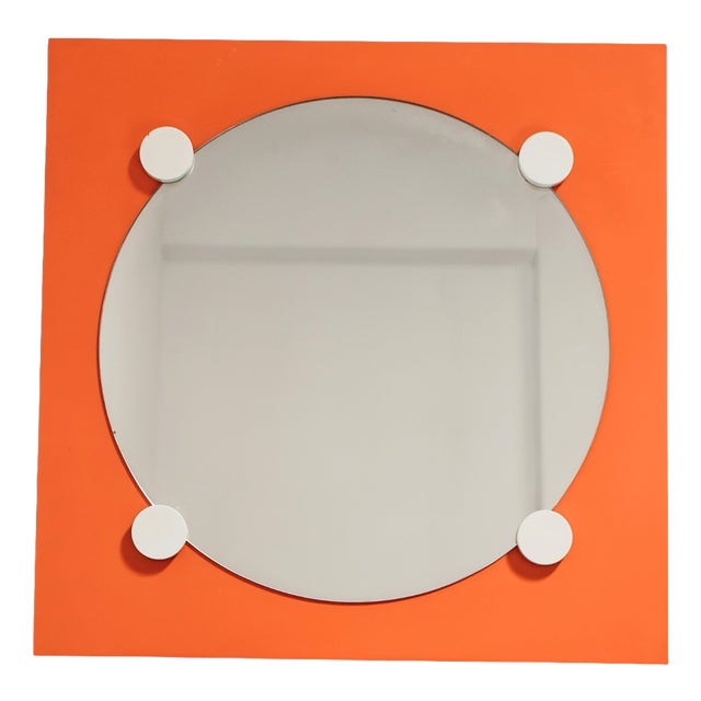 Vintage Space Age Geometric Orange Specchio Wooden Mirror, 1970s For Sale