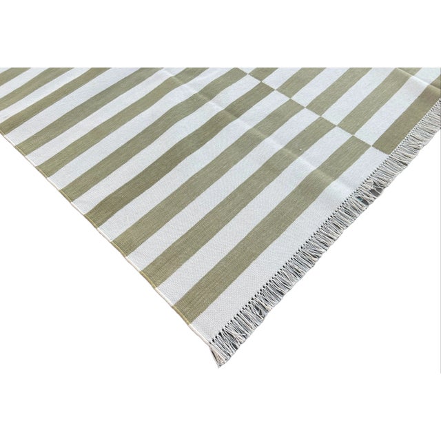 Not Yet Made - Made To Order Not Yet Made - Made To Order Handmade Cotton Area Rug Vegetable Dyed Olive Green and White Up Down Striped Rug-5'x7' For Sale - Image 5 of 11