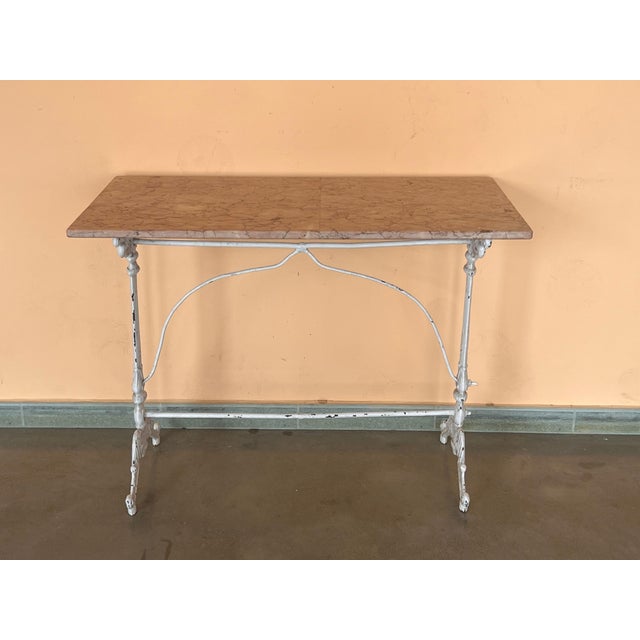 Early 20th Century French Solid Cast Iron French Scrolling Bistro Table with Pink Marble Top For Sale - Image 10 of 18
