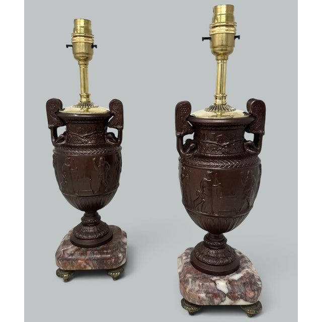 Antique Pair French Bronzed Townley Pair Table Lamps Rouge Marble Grand Tour 19c For Sale - Image 6 of 11
