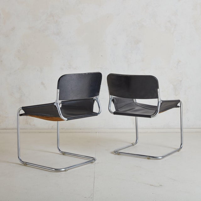 Set of 4 Chrome + Black Leather Cantilever Chairs, Italy 1970s For Sale In Chicago - Image 6 of 11