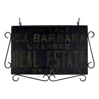 Antique Hand Painted Wood Real Estate Sign in Wrought Iron Scroll Design Frame For Sale