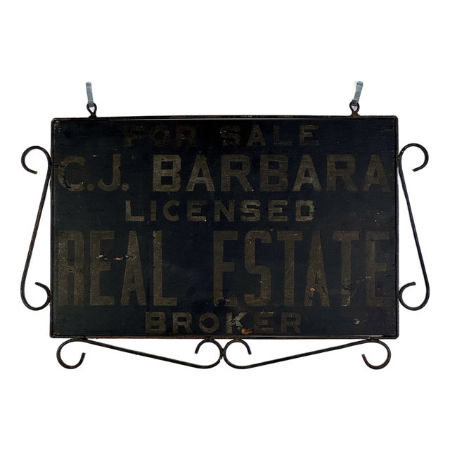 Antique Hand Painted Wood Real Estate Sign in Wrought Iron Scroll Design Frame For Sale