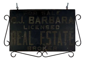 Antique Hand Painted Wood Real Estate Sign in Wrought Iron Scroll Design Frame
