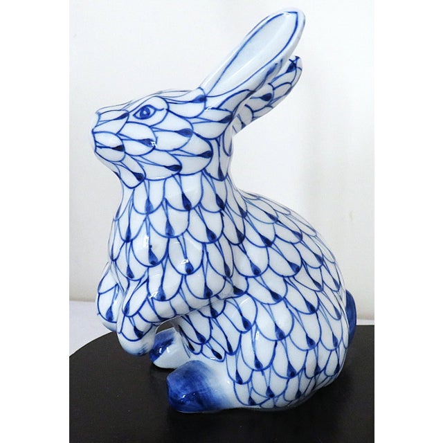 Modern Pair of Petite Bunny Rabbit Table Lamps Blue & White Fishnet For Sale - Image 3 of 9