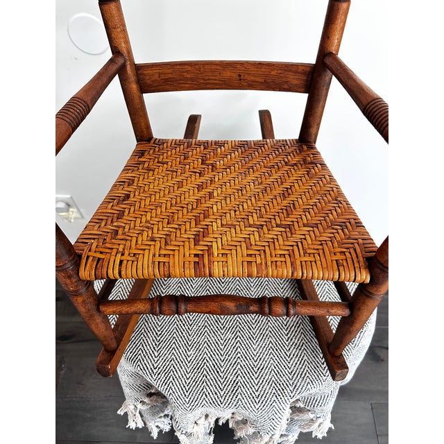 Wood Vintage Solid Wood Child’s Rocking Chair With Woven Rush Seat Colonial Revival Style For Sale - Image 7 of 13