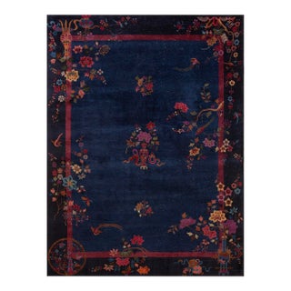 1920s Blue Navy Floral Vase Antique Chinese Art Deco Rug 8'9" X 11'6" Knotted Wool Carpet For Sale