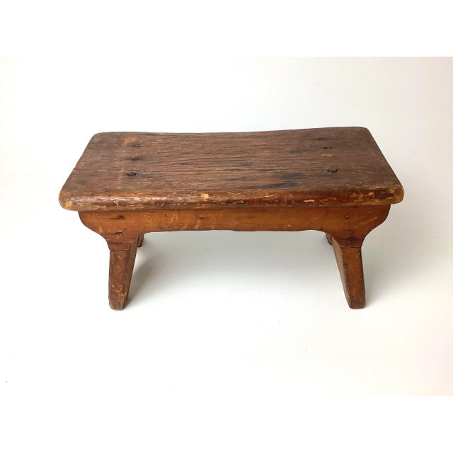 Farmhouse Early 1800’s Antique Primitive Wood Footstool Bench in Great Old Paint For Sale - Image 3 of 7