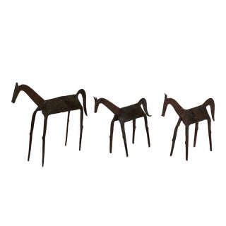 1960s Magnificent Set of 3 Hand Forged Mid-Century Modern Iron Horses, Mother, Colt, & Filly For Sale