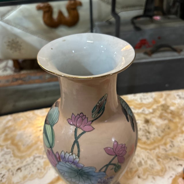 Ceramic Asian Style Vintage Ceramic Pink Floral Vase For Sale - Image 7 of 8