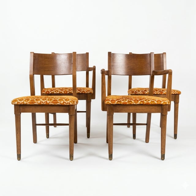 This 1960s vintage Mid Century Modern set of four Drexel Biscayne dining chairs showcases a refined, sculptural silhouette...