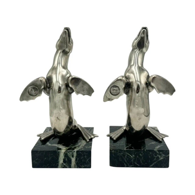 Pair Art Deco Sea Lion Bookends French Silverplate Alabaster For Sale - Image 10 of 12