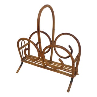 Bamboo and Wicker Magazine Rack with Scrolls, 1960s For Sale