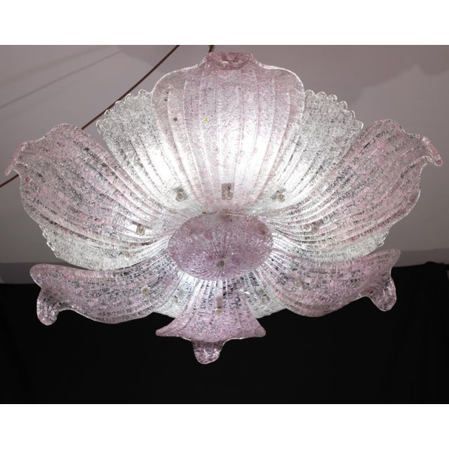 Elegant vintage Murano ceiling light with pink glass leaves from a historic Neapolitan pizzeria Suitable for furnishing a...