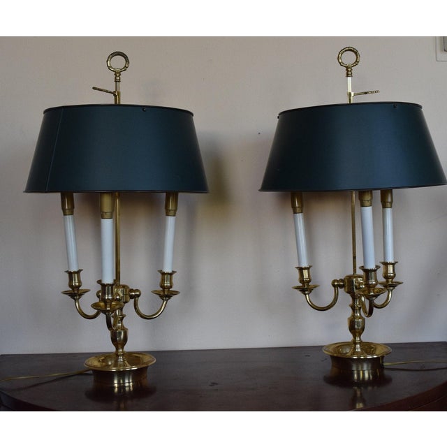 Empire Brass Bouillotte Lamps with Green Tole Shades, 1960s, Set of 2 For Sale - Image 9 of 11