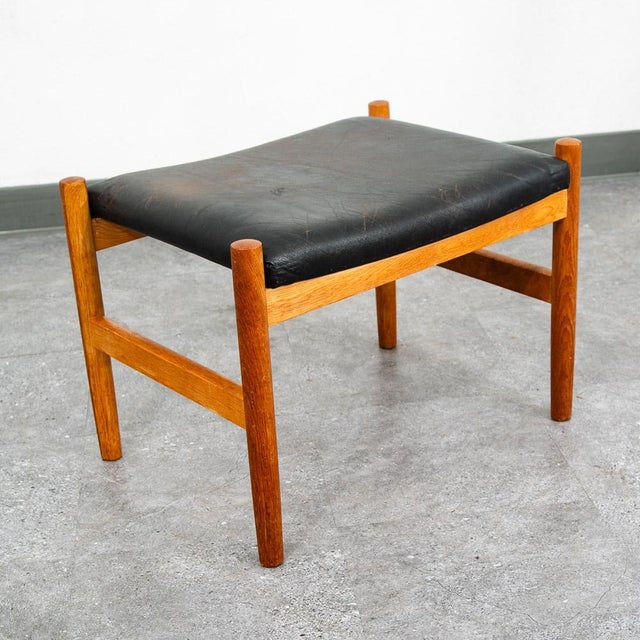 1960s Mid Century Modern Ottoman Stool Swivel Black Solid Oak Wood Tufted Spottrup MCM For Sale - Image 5 of 12