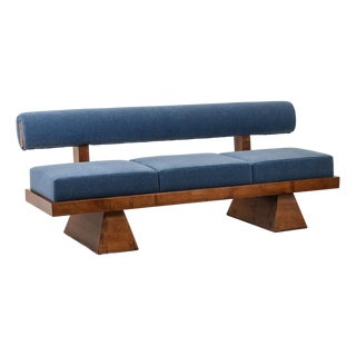 3-Seater Sofa in Ash Wood and Blue Mohair Velvet For Sale