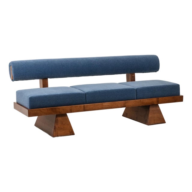3-Seater Sofa in Ash Wood and Blue Mohair Velvet For Sale