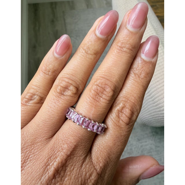 Pink Roshe Jewels 3.44 Carat Emerald Cut Pink Sapphire Ring in 18k White Gold, Size 7 For Sale - Image 8 of 8