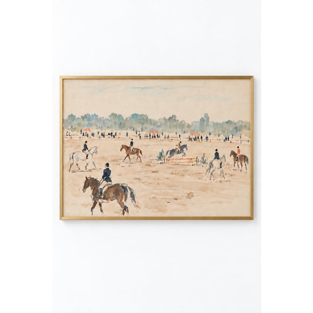Horses and riders gather in a sunlit show ring as one pair clears a colorful jump in this equestrian art print. Loose...