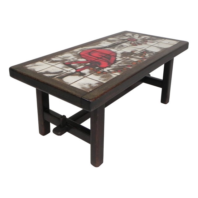 Vallauris Tile Table with an Image of a Fantasy Bird, 1960s For Sale