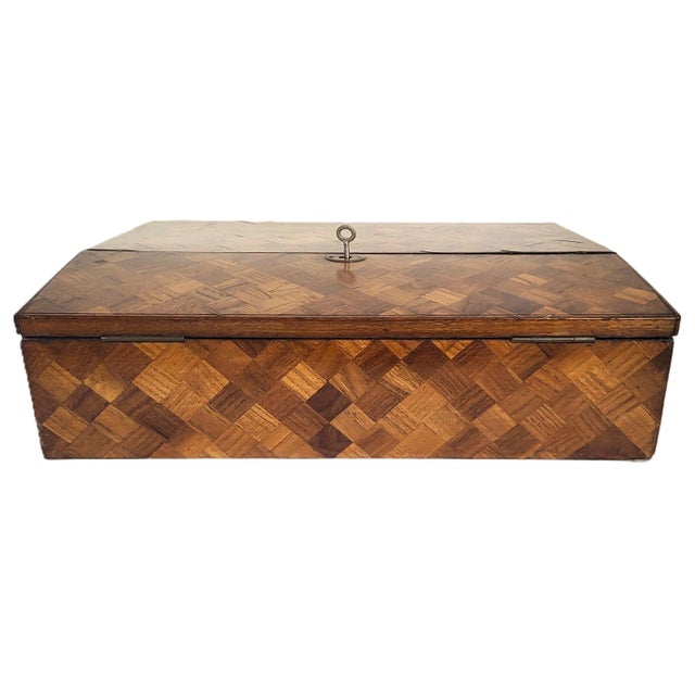 Wood Antique English 19th C Parquetry Inlaid & Ebonized Chinoiserie Leather Lap Desk For Sale - Image 7 of 18