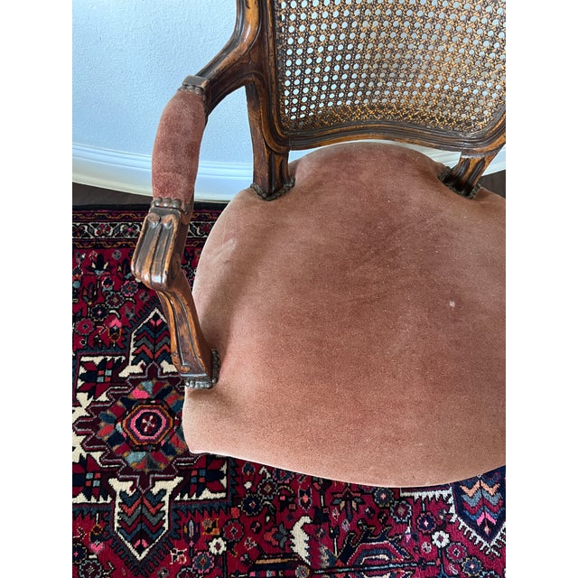 Vintage Chateau d'Ax French Provincial Louis XV Fauteuil Armchair Suede Leather, Cane Back, Wernermeier Industries Inc For Sale - Image 9 of 12