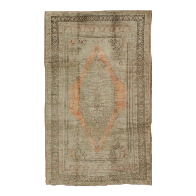 Vintage Oushak Rug With Taupe, Light Coral Medallion 6' X9'9" For Sale