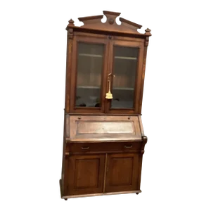 Antique Federal Bookcase Secretary Cabinet Burled Wood Wavy Glass Doors 2 Pce
