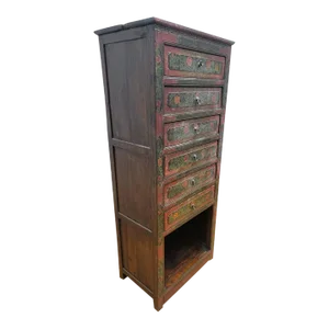 Antique Painted Tibetan Cabinet With Drawers and Display Shelf