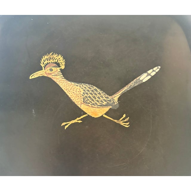 The Couroc Company Mid-20th Century Modern Couroc of Monterey Black, Gold, and Bronze Roadrunner Square Trays - A Pair For Sale - Image 4 of 11