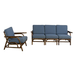 Mid-20th Century Tropical or Coastal Style Rattan 3 Piece Sofa and Lounge Chair by Calif Asia, a Set For Sale
