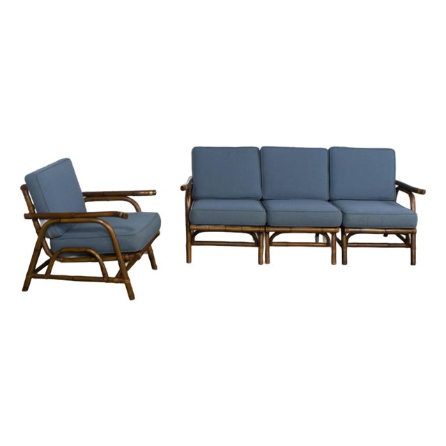 Mid-20th Century Tropical or Coastal Style Rattan 3 Piece Sofa and Lounge Chair by Calif Asia, a Set For Sale