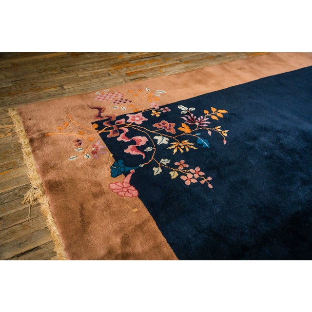 1920s 1920s Navy Open Field Floral Modern Knotted Wool Antique Chinese Art Deco Rug For Sale - Image 5 of 8