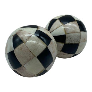 Pair of Vintage Black and White Inlaid Bone Decorative Spheres For Sale
