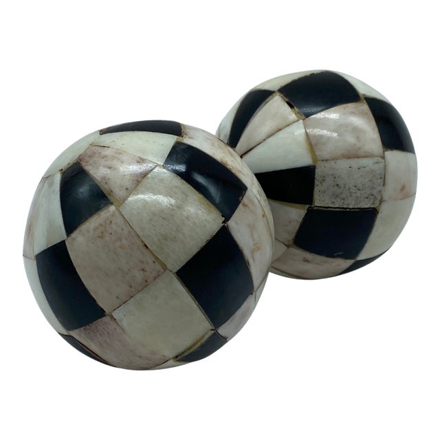 Pair of Vintage Black and White Inlaid Bone Decorative Spheres For Sale