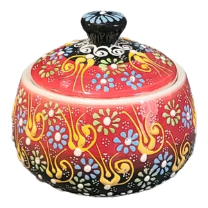 Vintage Turkish Hand Painted Colorful Floral Enamel Porcelain Covered Jar Sugar Candy Trinket