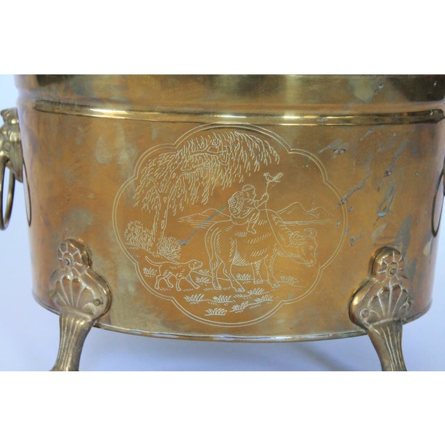 Vintage Oval Brass Cachepot W/ Lion Head Handles, Paw Feet and Etched Asian Motif For Sale - Image 4 of 18