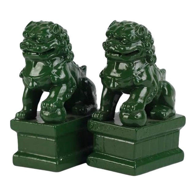 Foo-Style Dogs in Moss Green, Mini - a Pair For Sale