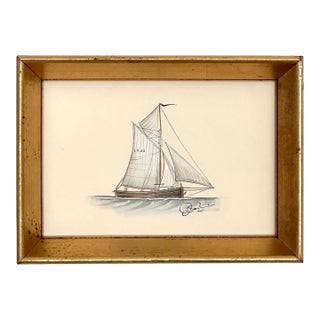 Original Hand-Painted Sailboat Painting in a Vintage Frame For Sale