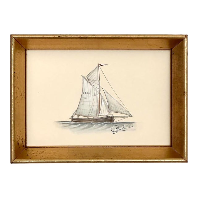 Original Hand-Painted Sailboat Painting in a Vintage Frame For Sale