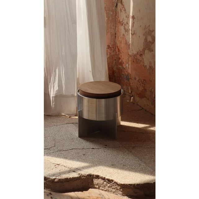Soft Futurism Lunar Side Table in Aluminum and Walnut by Filippo Andrighetto Dimensions: Ø 38 x H 38 cm. Materials: gently...