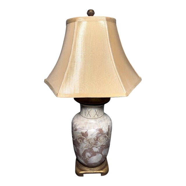 Late 20th Century Tall Gilded Urn Form Pottery Table Lamp With Shade For Sale