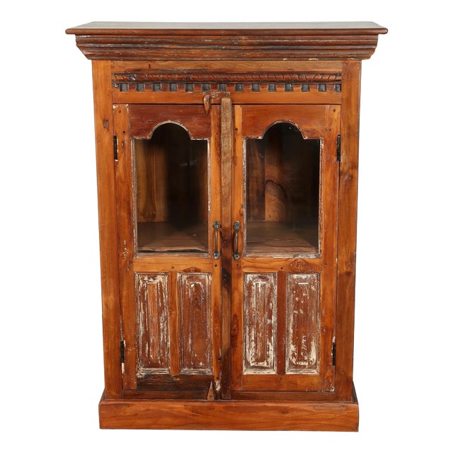 Solid Reclaimed Hand Carved Teak & Glass Cabinet, 2 Doors For Sale