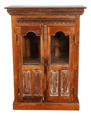 Solid Reclaimed Hand Carved Teak & Glass Cabinet, 2 Doors