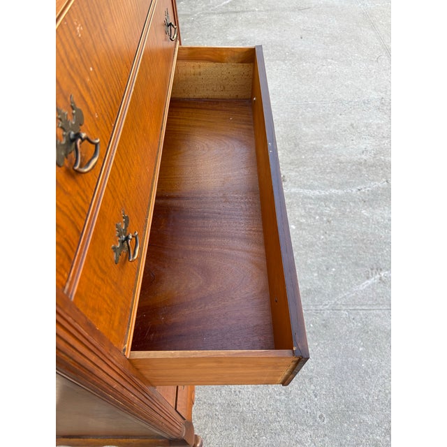 Gold Vintage Queen Anne Highboy Dresser | Colonial Revival Tall Chest | Traditional Bedroom Storage | Solid Wood Veneer High Chest of Drawers For Sale - Image 8 of 12