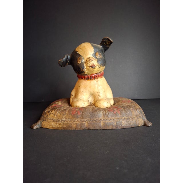 Black Antique Hubley Cast Iron Fido on Pillow Still Penny Bank, Original Paint C. 1920s For Sale - Image 8 of 17